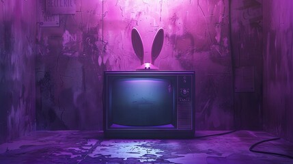 Nostalgic television with rabbit ears in a surreal purple-hued room - obrazy, fototapety, plakaty