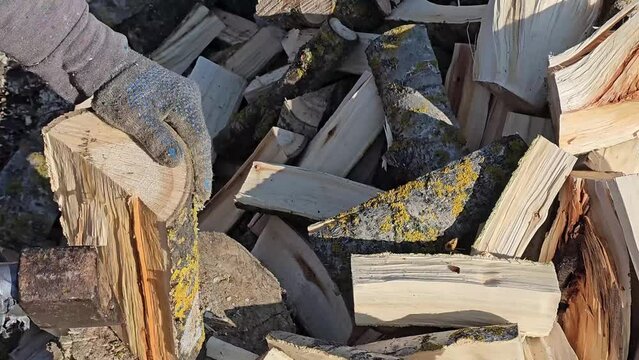 Chopping firewood. The log is chopped with an axe. Close-up video