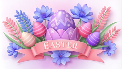 Banner with spring flowers background and Easter eggs. Greeting card.