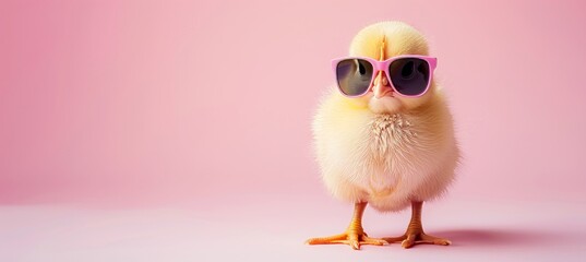 Funny chicken wearing sunglasses on pastel color background with copy space for text placement
