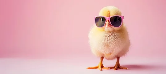 Foto op Plexiglas Funny chicken wearing sunglasses on pastel color background with copy space for text placement © Andrei