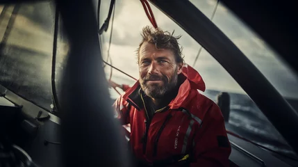 Schilderijen op glas Beautiful inspiring shot of action adventure of sailor or captain on yacht or sailboat attaching big mainsail or spinnaker with ropes on deck of boat, adventure lifestyle storm, bad weather, big waves © Dm