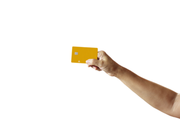 Image of hand holding yellow plastic card isolated on transparent background png file.