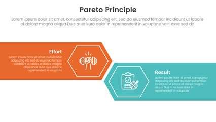 pareto principle comparison or versus concept for infographic template banner with big rectangle with arrow edge and hexagon with two point list information