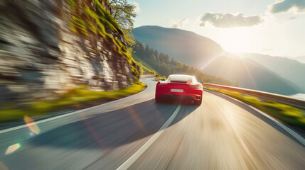 A red sportscar taking a sharp turn on a mountain road with sun flare and motion blur, conveying speed and excitement.