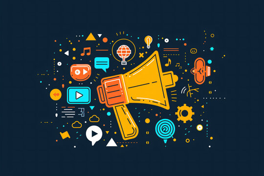 Colorful digital marketing icons around a megaphone on dark background