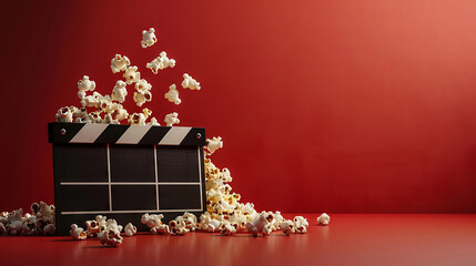 minimalist film set with scattered popcorn and a sleek black clapperboard against a deep red wall