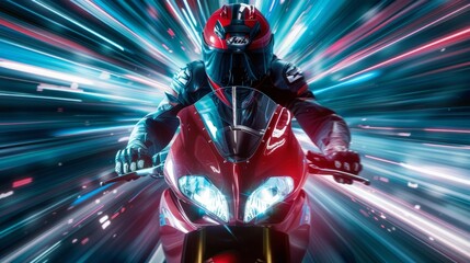 A motorcyclist in full gear speeds on a highway, surrounded by a blur of city lights at night.