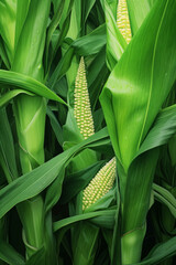 Fototapeta premium Young corn cobs with delicate silks peeking through the lush green husks in an agricultural field.