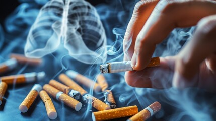 Close-up of a lit cigarette held in fingers with smoke rising, surrounded by discarded cigarette butts, with an X-ray image of lungs superimposed in the background. - obrazy, fototapety, plakaty