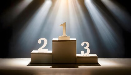 Close-up of a podium with numbers 1, 2 and 3. Rays of light illuminate it from above.