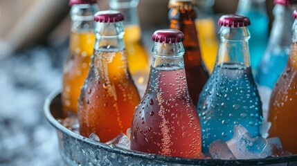 Close-up of chilled multi-colored beverage bottles in a rustic ice-filled metal bucket