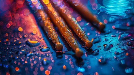 Macro shot of drumsticks on a wet, reflective cymbal with colorful lighting - obrazy, fototapety, plakaty