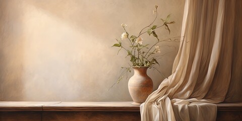 A serene composition showcasing a smooth, draped curtain beside a rustic vase with delicate plants
