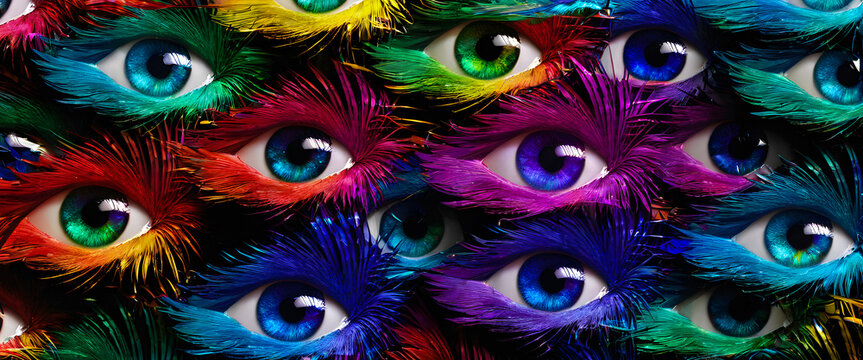 Eyes surrounded by feathers of various colors. Numerous eyes like peacock feathers. A bizarre and strange scene.