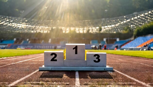 Close-up of a podium with numbers 1, 2 and 3. In the background is a stadium.
