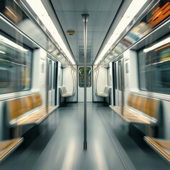 An empty subway car with seats and poles, captured with motion blur conveying speed.