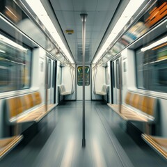 Obraz premium An empty subway car with seats and poles, captured with motion blur conveying speed.