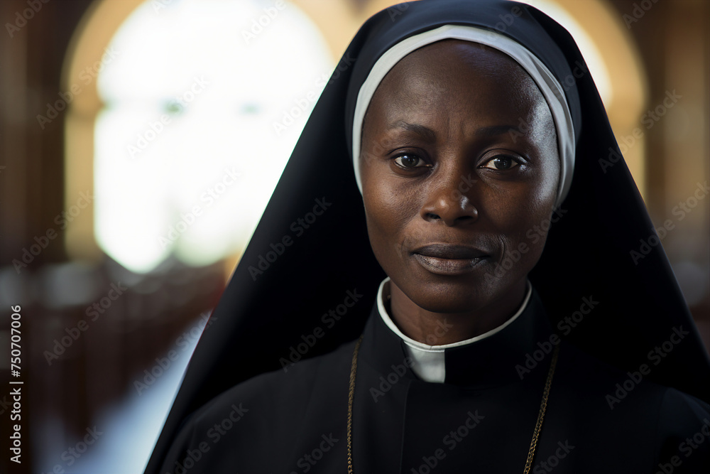 Poster Generated with AI image of young catholic nun praying in church