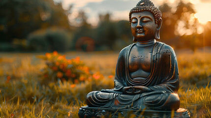 Pray Buddha statue in a grassy field with sunny weather