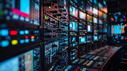 Behind the scenes view of a broadcast control room, filled with multicolored calibration screens