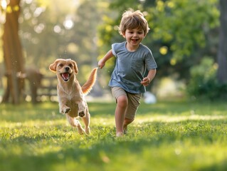 A joyful moment as a barefoot child runs through the grass, playfully chasing a small dog in a sunlit park