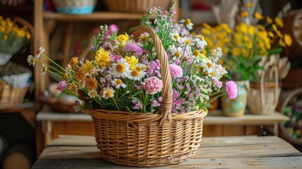A detailed view of a May Day basket filled with spring treats and goodies, ready to be left at someone's doorstep in a tradition of giving