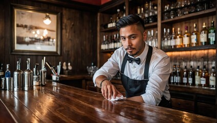 bartender wipes the bar - Powered by Adobe