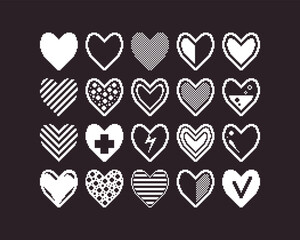 black and white simple 1bit pixel art set of different abstract heart icons