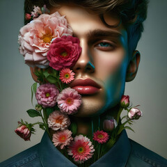 Young Man with Flower Head: Artistic Color Graphic