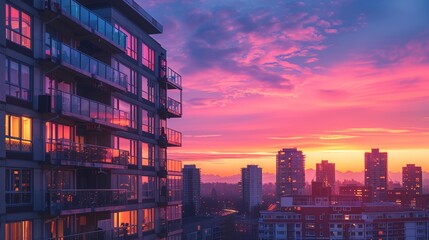 Urban twilight panorama with a chic apartment block glowing under a vivid sunset sky - obrazy, fototapety, plakaty
