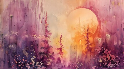Watercolor Flower Forest with Purple Sunset and Ink Wash Style
