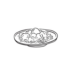 A line drawn illustration of a bowl of meatballs on a bed of spaghetti. A sketchy style doodle in black and white.