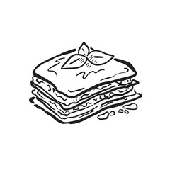 A line drawn illustration of a very simple lasagne slice with some basil leaves on the top. 