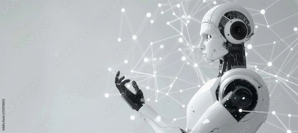 Poster futuristic white robot in 3d with floating digital network connections and space for text placement
