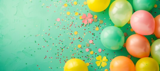 Stpatrick s day banner with irish balloons, clover, gold coins, and confetti on green background. - obrazy, fototapety, plakaty