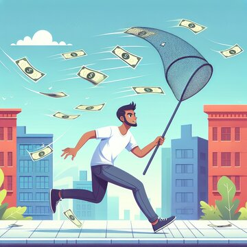 Man running after flying dollars with. Cartoon businessman running after flying money bills.