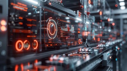 Industrial machines with AI control panels in a smart factory
