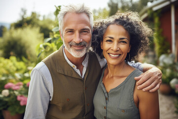 Photo generated with ai technology of happy gentle sweet couple elderly married people