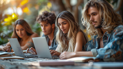 Vibrant study group, handsome and beautiful, collaborating over textbooks and laptops.