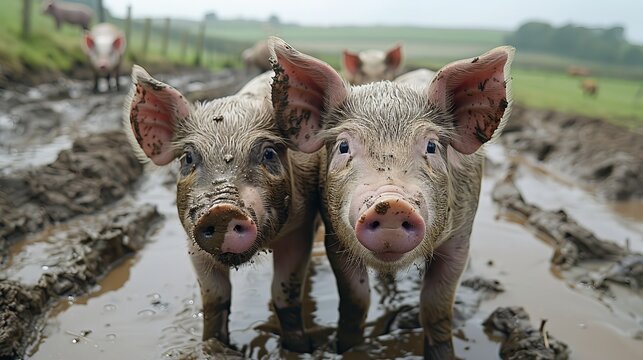 group of dirty little pigglets standing on muddy ground