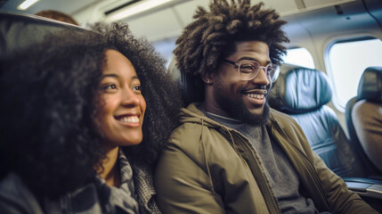 Black young couple travelling by plane, holiday vacation concept. AI Generated content
