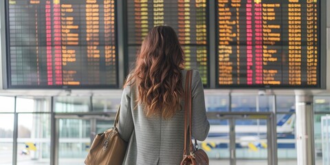 Woman tourist looking at flight schedule at airport