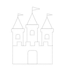 Fairytale castle dashed line contour vector illustration isolated on white background. Trace and color design element.