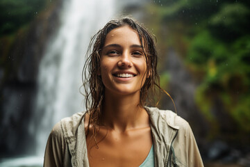 Generative AI picture of cheerful cute girl exploring tropical exotic forest