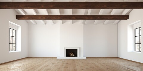 White room with wooden flooring and ceiling beams. fire place on right. wide format.