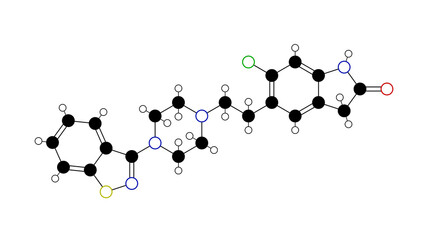 ziprasidone molecule, structural chemical formula, ball-and-stick model, isolated image atypical antipsychotic