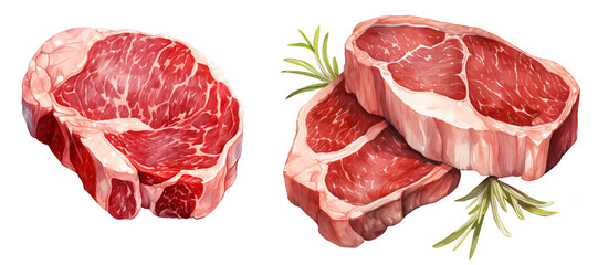 set of two cliparts: raw beef steak with rosemary watercolor illustration on transparent background