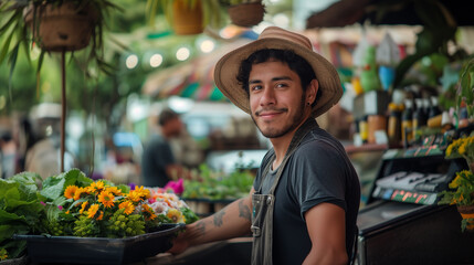 Portrait of man in flower and plant selling shop in street