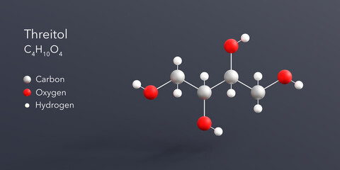 threitol molecule 3d rendering, flat molecular structure with chemical formula and atoms color coding